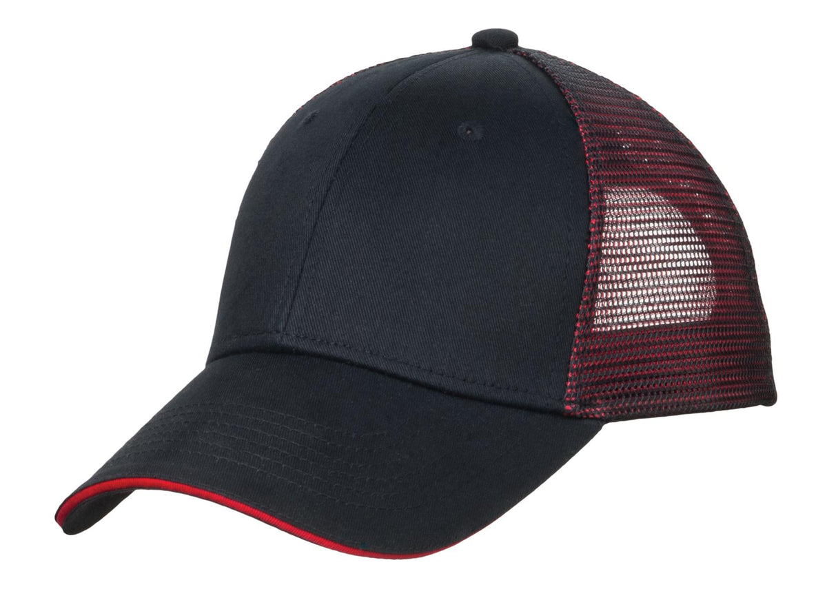Port Authority Double Mesh Snapback Sandwich Bill Cap. C818 - Black/Red