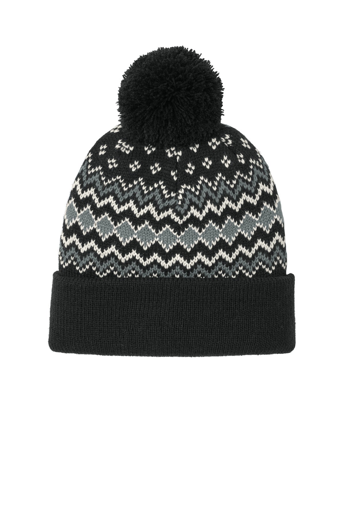 Port Authority Alpine Pom Beanie C991 - Deep Black/Gusty Grey/Marshmallow