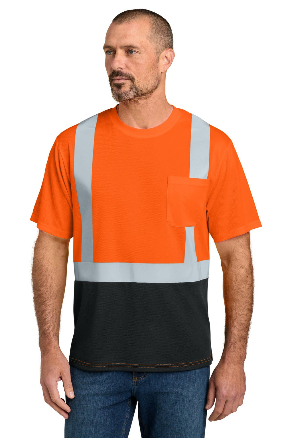 CornerStone CS205 Class 2 Short Sleeve Mesh Blocked Tee - Safety Orange/Black