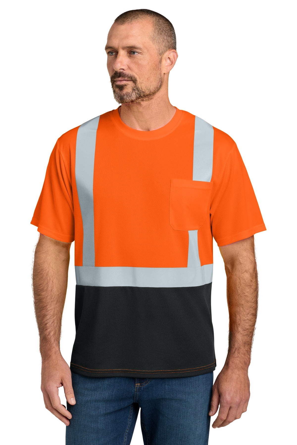 CornerStone CS205 Class 2 Short Sleeve Mesh Blocked Tee - Safety Orange/Black