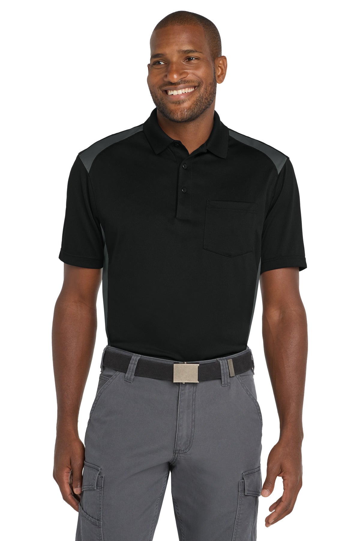 CornerStone Select Snag-Proof Two Way Colorblock Pocket Polo. CS416 - Black/Charcoal