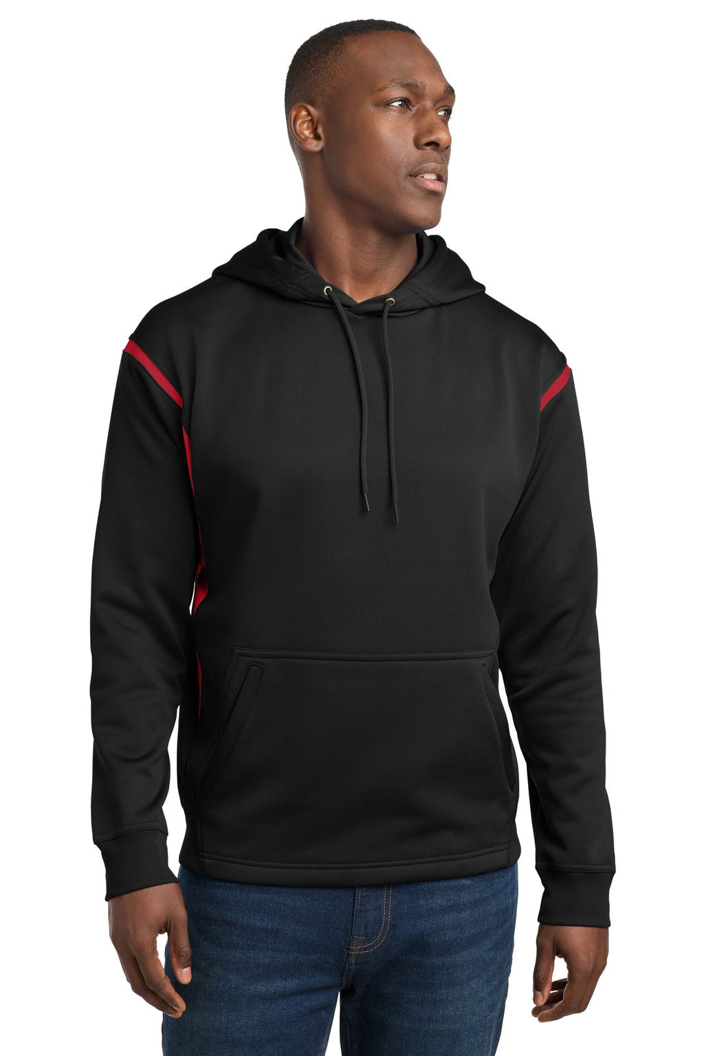 Sport-Tek Tech Fleece Colorblock Hooded Sweatshirt F246 in Black/ True Red