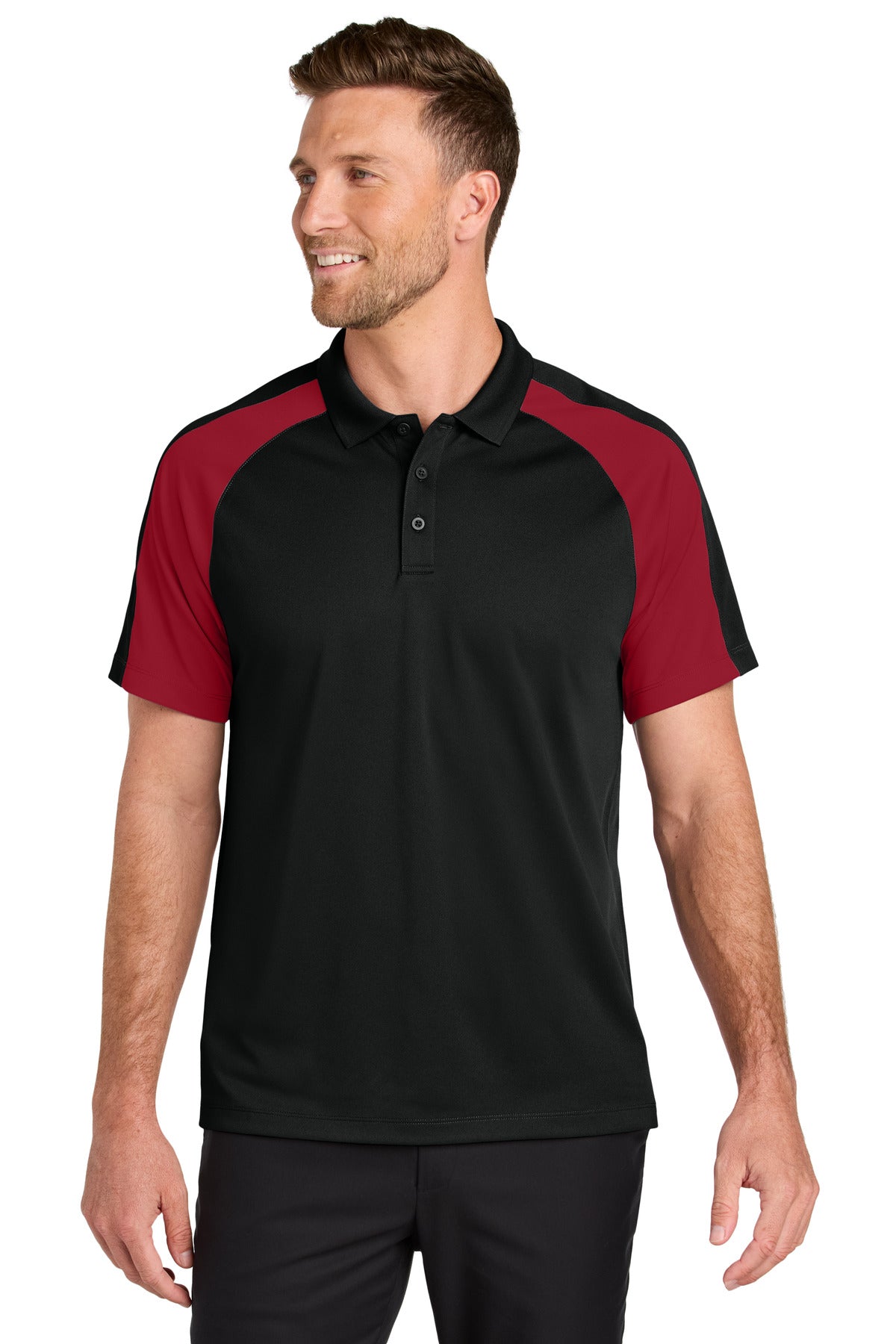 Port Authority Wearever Performance Pique Colorblock Polo K247 - Deep Black/Rich Red