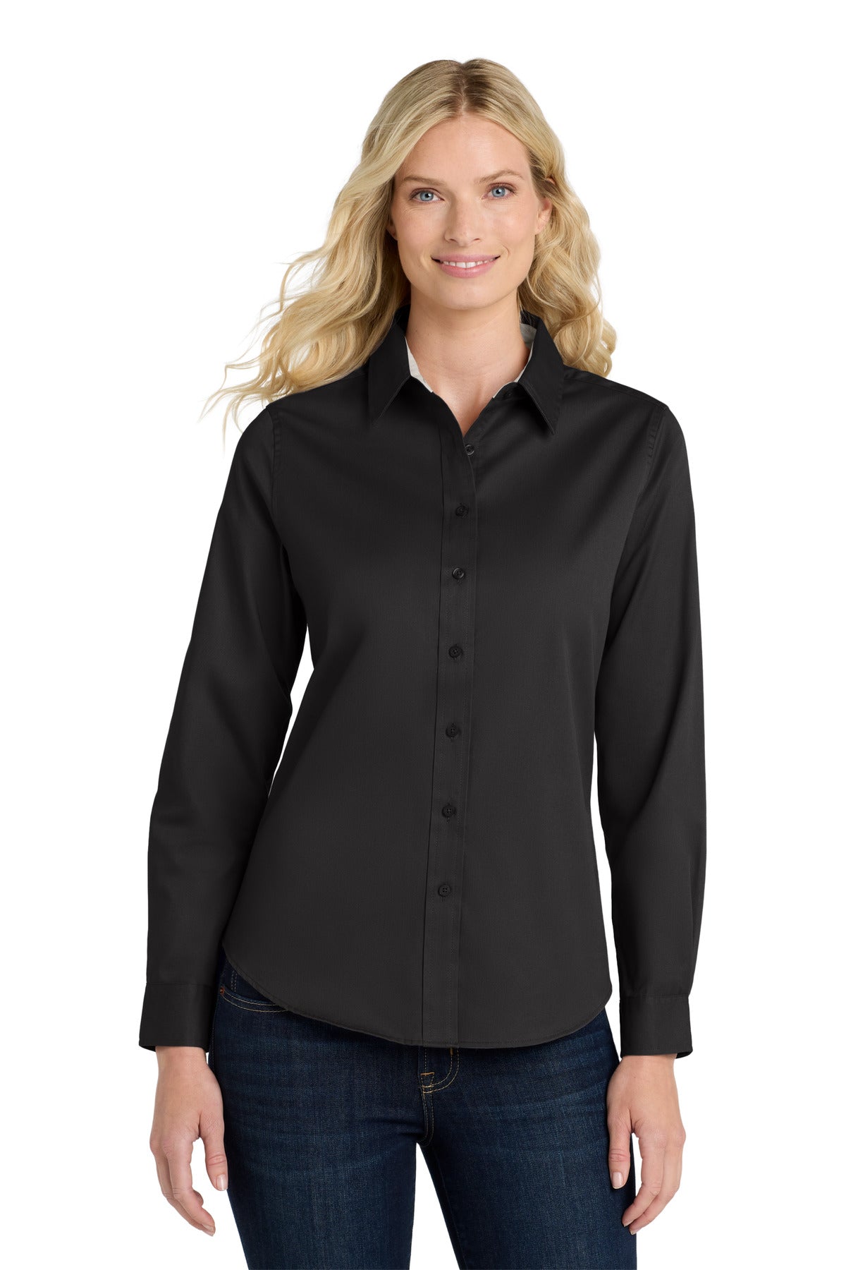 Port Authority Women's Long Sleeve Easy Care Shirt. L608 - Black/Light Stone