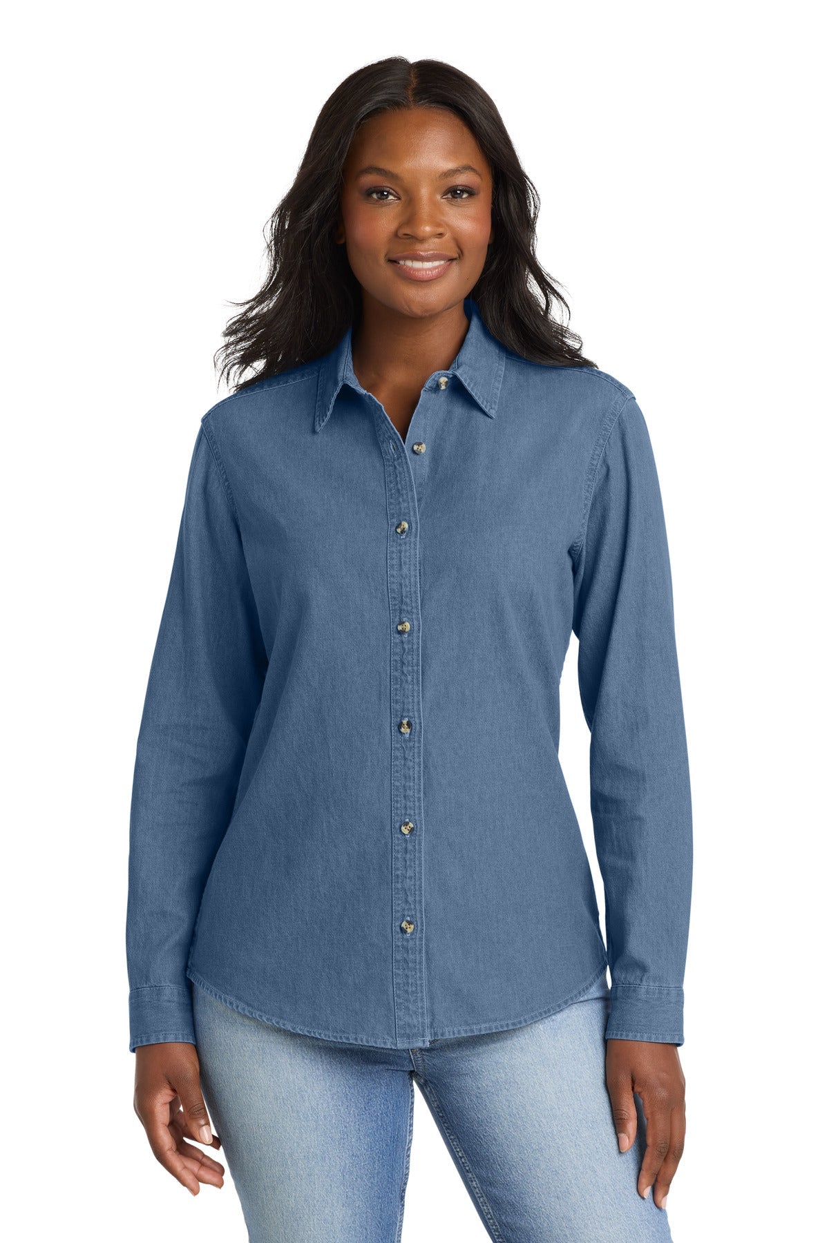 Port and Co Women's Long Sleeve Value Denim Shirt. LSP10 - Faded Blue