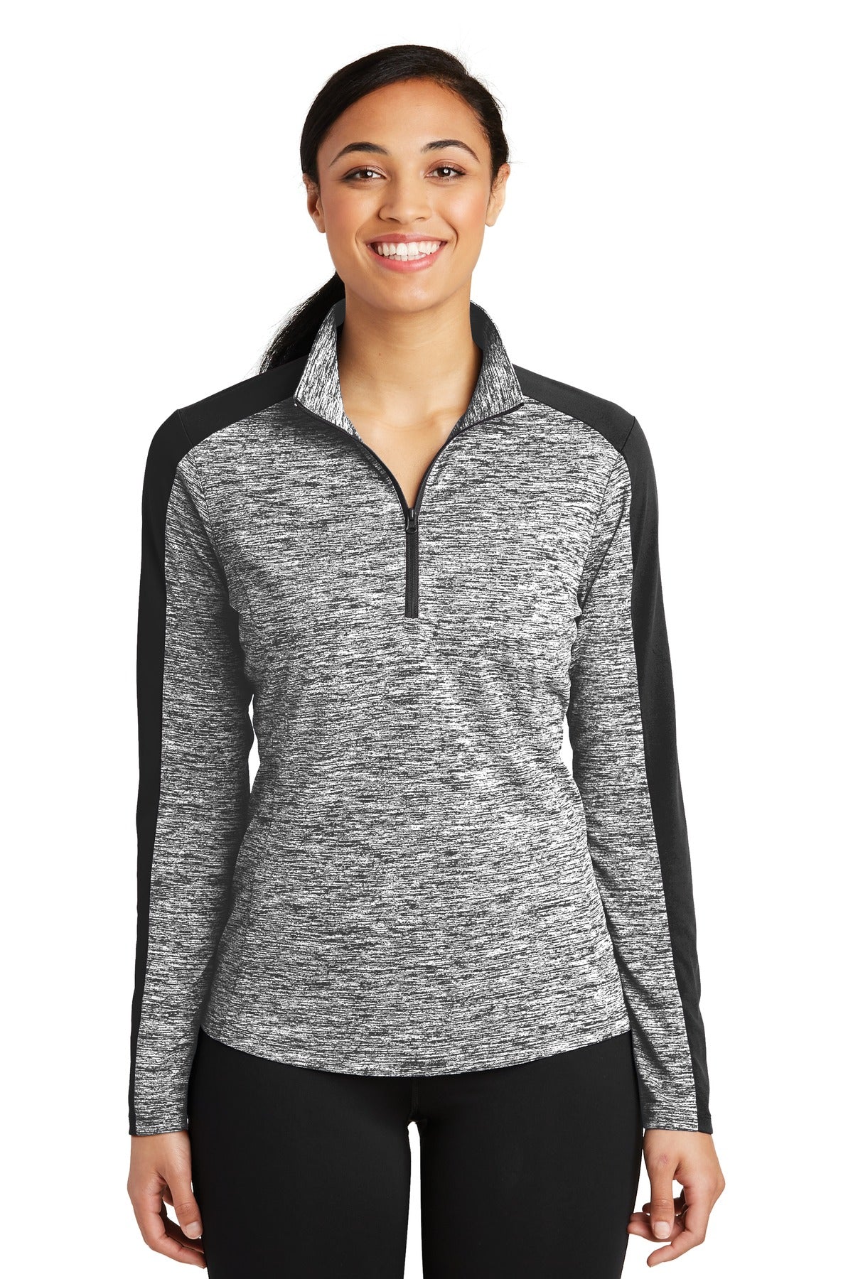 Sport-Tek Women's PosiCharge Electric Heather Colorblock 1/4-Zip Pullover. LST397 - Black Electric/Black