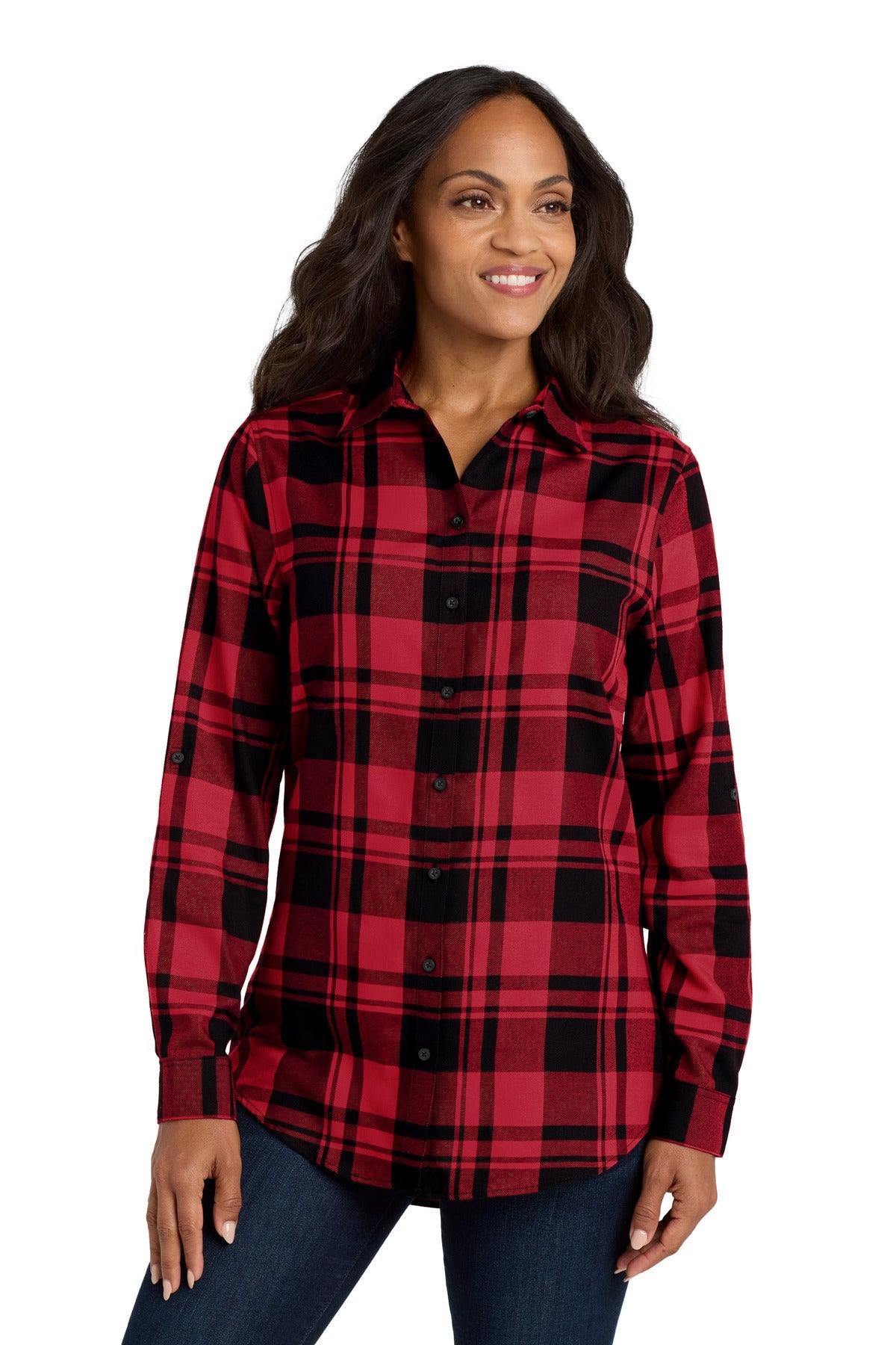 Port Authority Women's Plaid Flannel Tunic . LW668 - Engine Red/Black