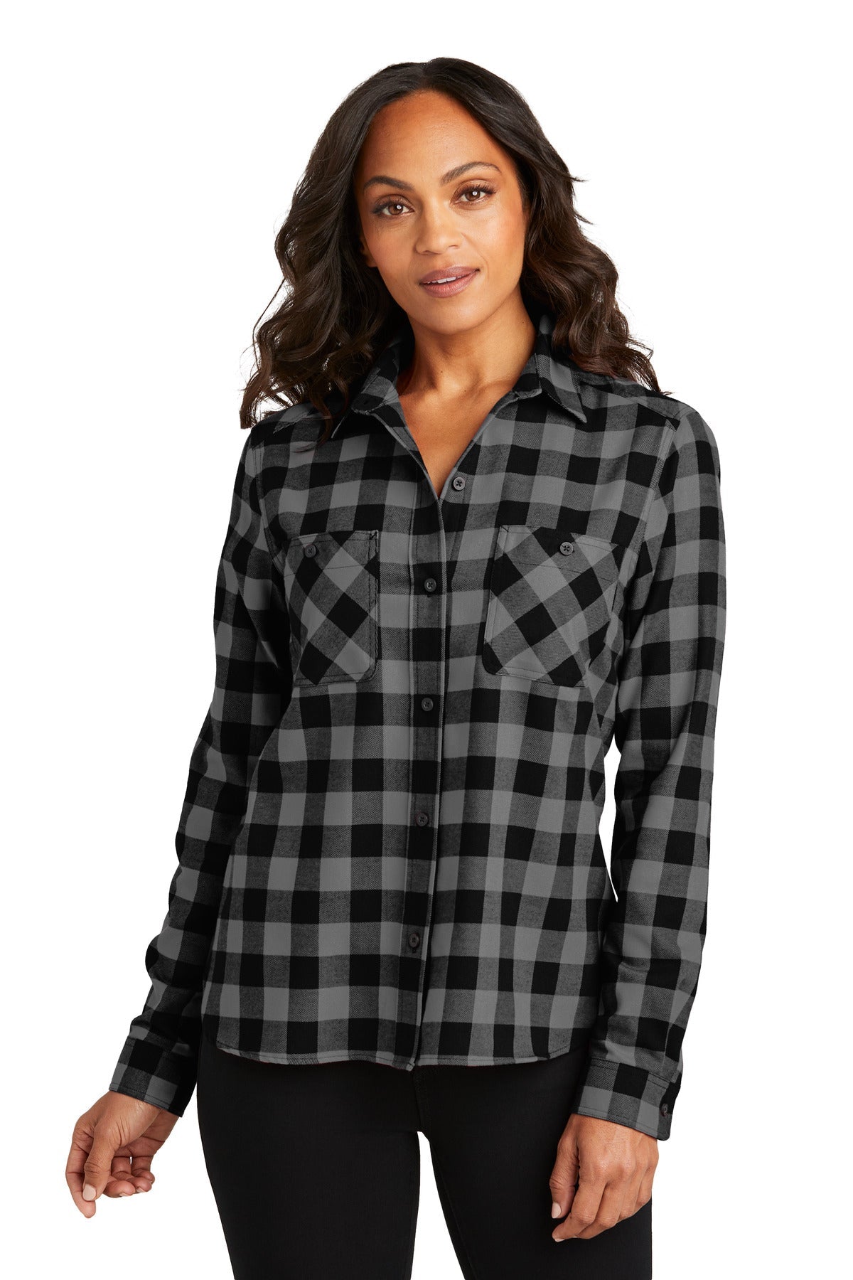 Port Authority Women's Plaid Flannel Shirt LW669 - Grey/Black Buffalo Check