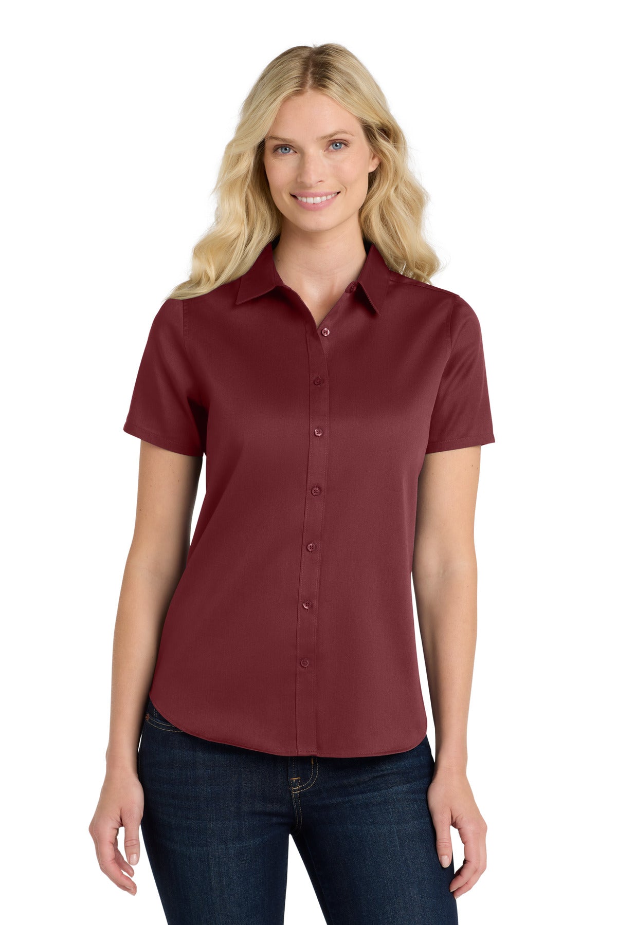 Port Authority Women's Short Sleeve SuperPro React Twill Shirt. LW809 - Burgundy