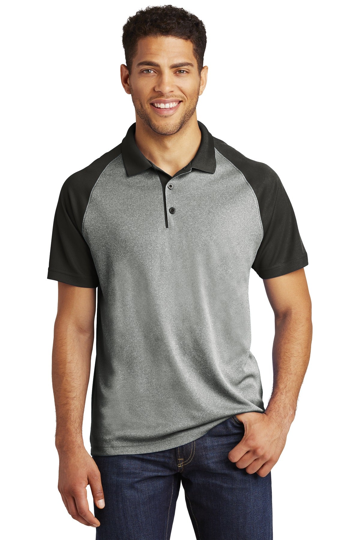 Sport-Tek PosiCharge RacerMesh Raglan Heather Block Polo. ST641 - Grey Heather/Black