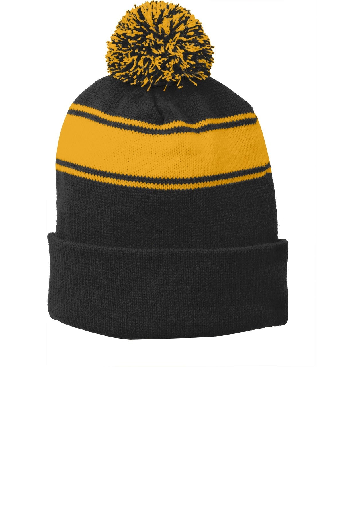 Sport-Tek Stripe Pom Pom Beanie. STC28 - Black/Gold