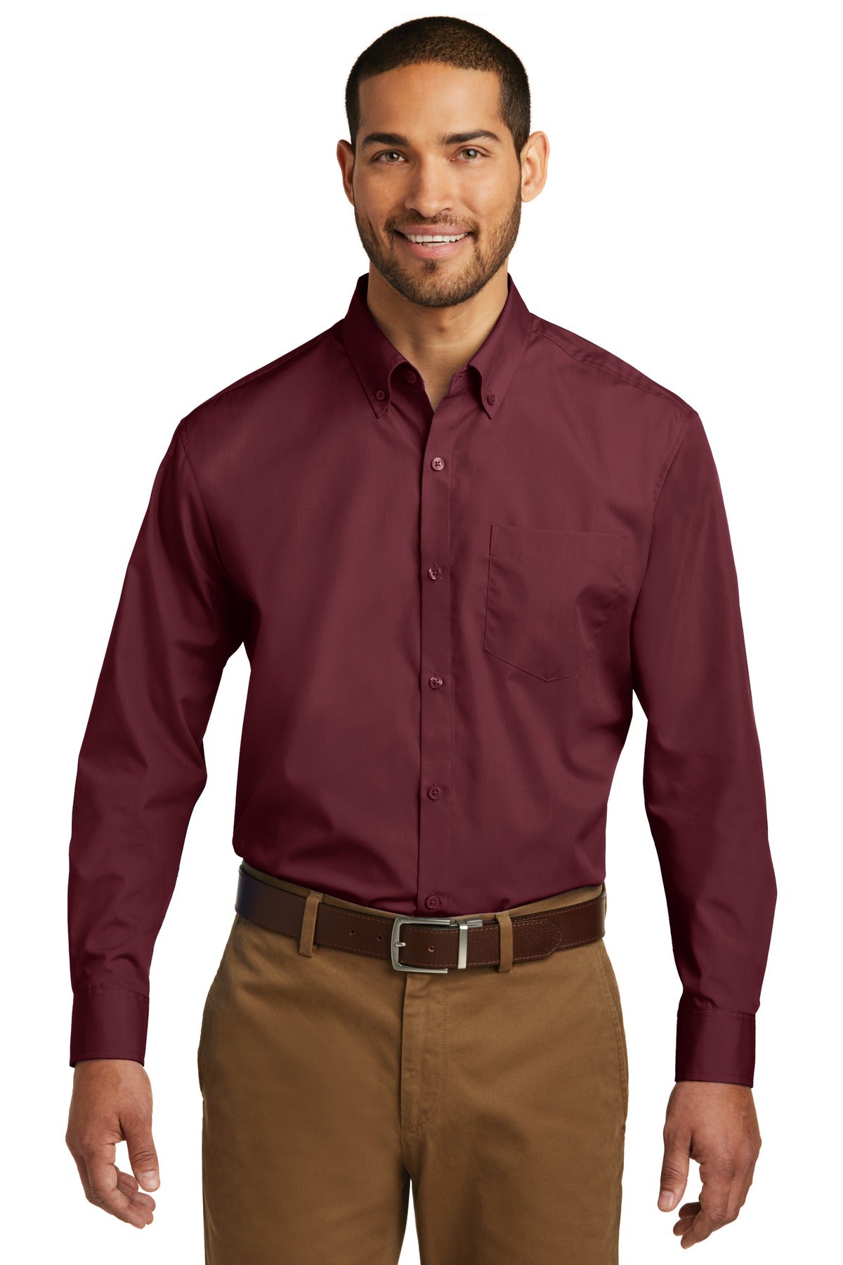 Port Authority Long Sleeve Carefree Poplin Shirt. W100 - Burgundy