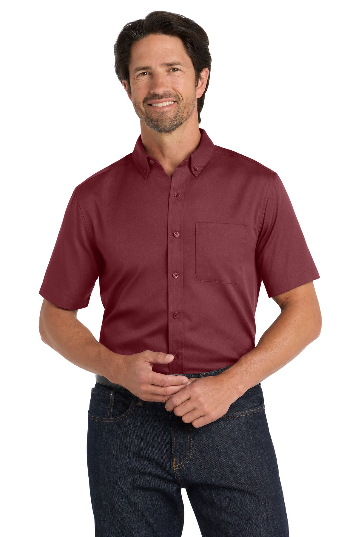 Port Authority Short Sleeve SuperPro React Twill Shirt. W809 - Burgundy